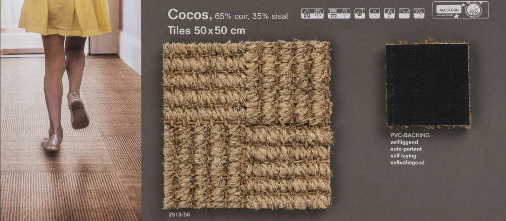 Ficha de catálogo Tasibel de la colección Cocos: losetas 50x50 cm, 65 % coir y 35 % sisal, con respaldo PVC autoportante (self laying)